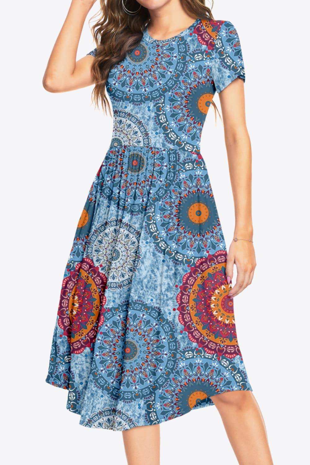 Printed Round Neck Short Sleeve Dress with Pockets - Trendsi - Flyclothing LLC