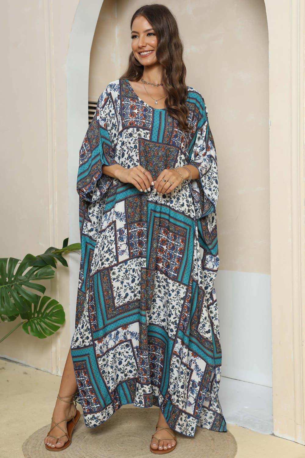 Printed V-Neck Split Maxi Dress - Trendsi - Flyclothing LLC