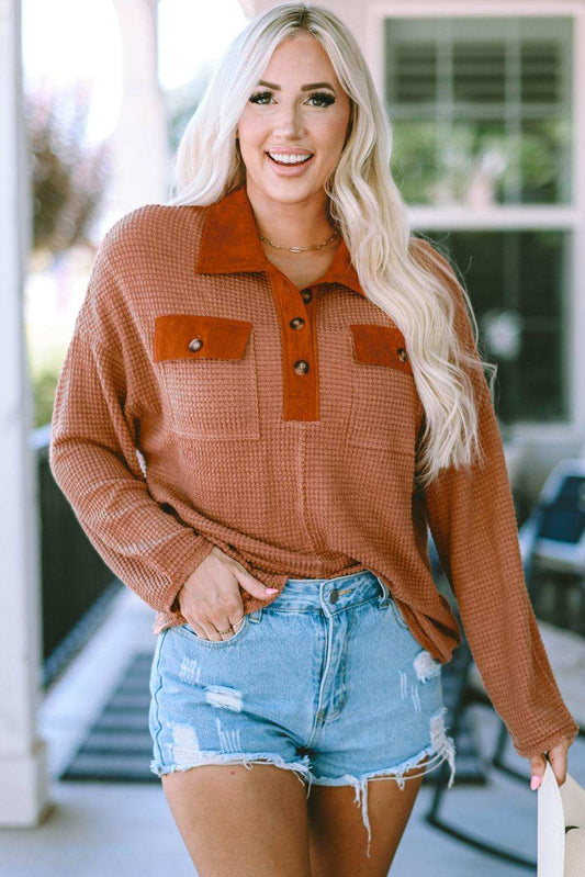 Half-Button Collared Long Sleeve Top - Trendsi - Flyclothing LLC
