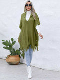 Fringe Trim Buttoned Hooded Poncho - Trendsi - Flyclothing LLC