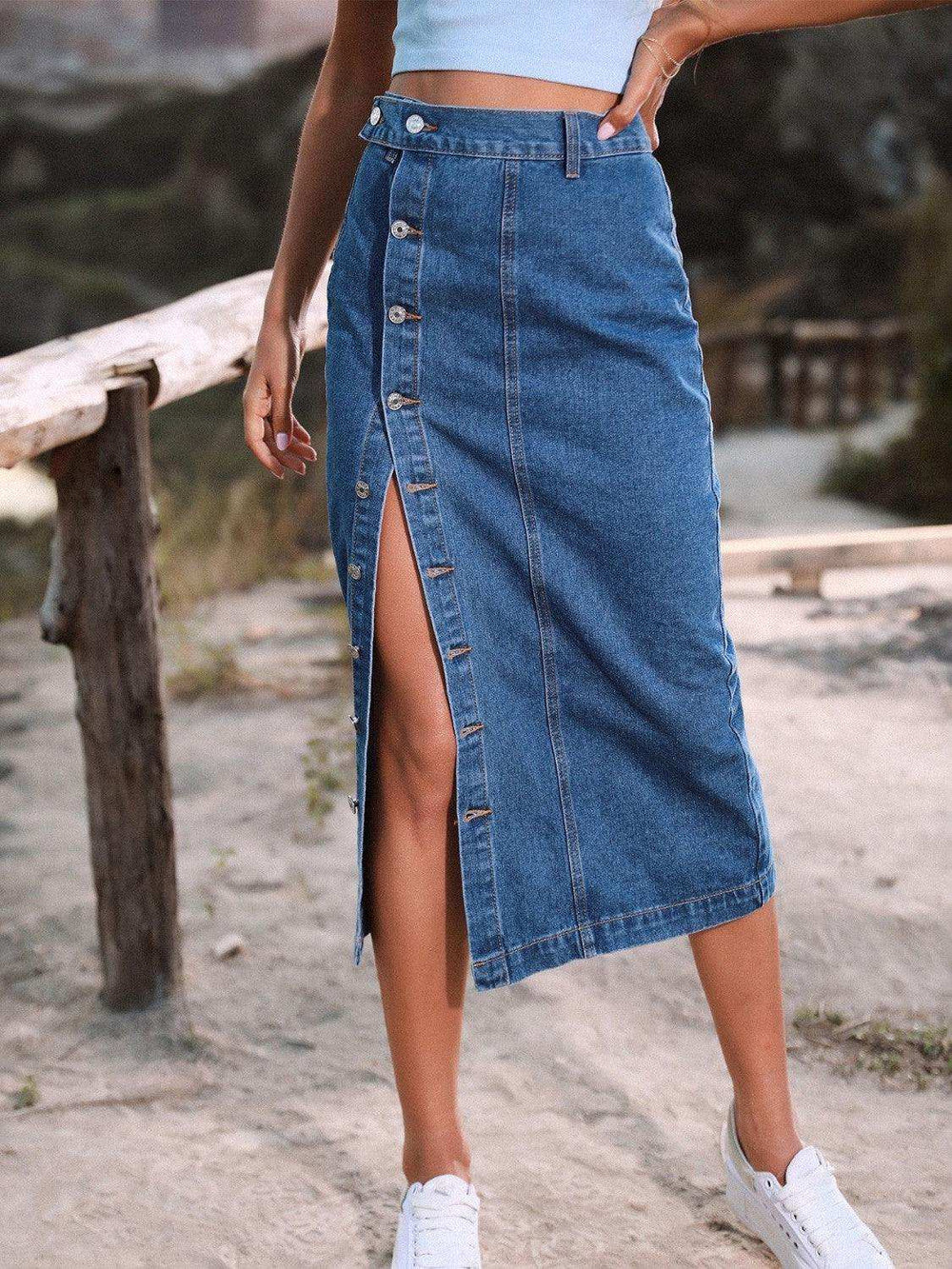 Button Down Denim Skirt - Trendsi - Flyclothing LLC