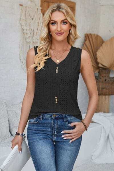 Eyelet Decorative Button V-Neck Tank - Trendsi - Flyclothing LLC