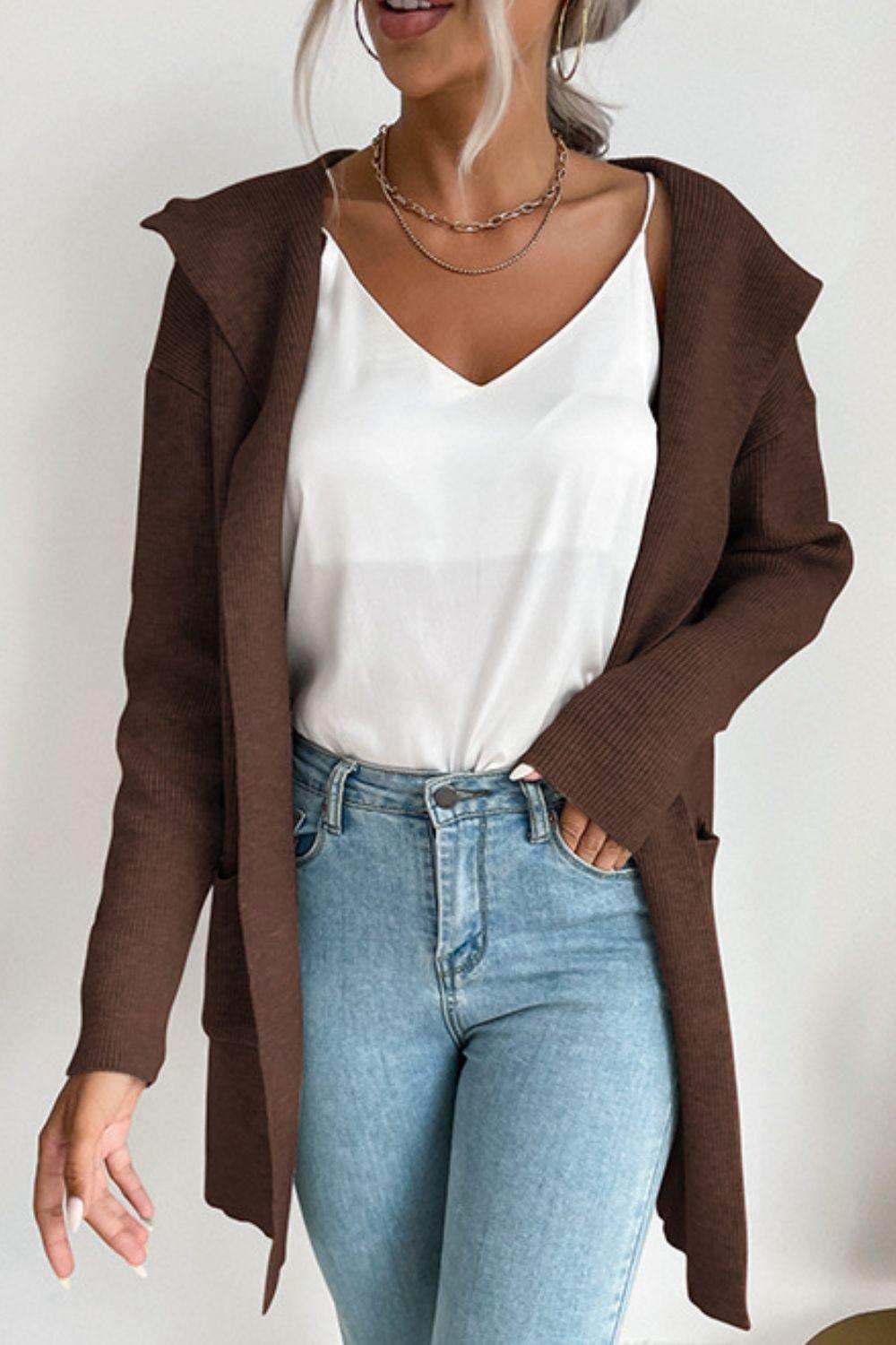 Ribbed Open Front Hooded Cardigan with Pockets - Trendsi - Flyclothing LLC
