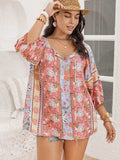 Plus Size Printed Tie Neck Balloon Sleeve Blouse - Trendsi - Flyclothing LLC