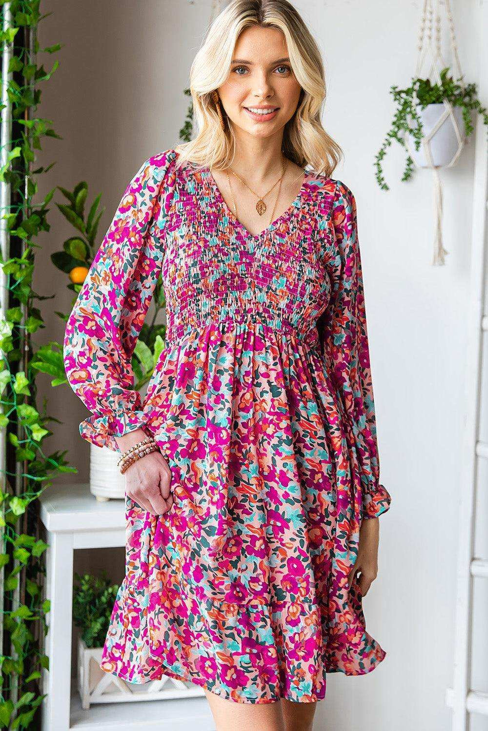 Floral Smocked V-Neck Flounce Sleeve Dress - Trendsi - Flyclothing LLC
