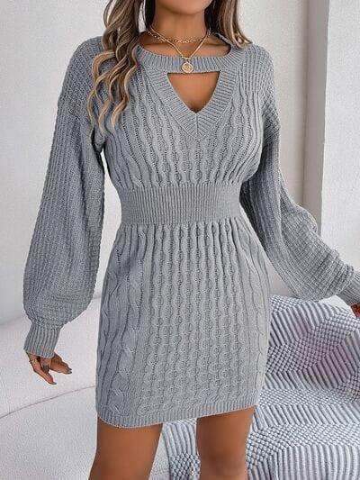 Cable-Knit Cutout Round Neck Slit Sweater - Trendsi - Flyclothing LLC
