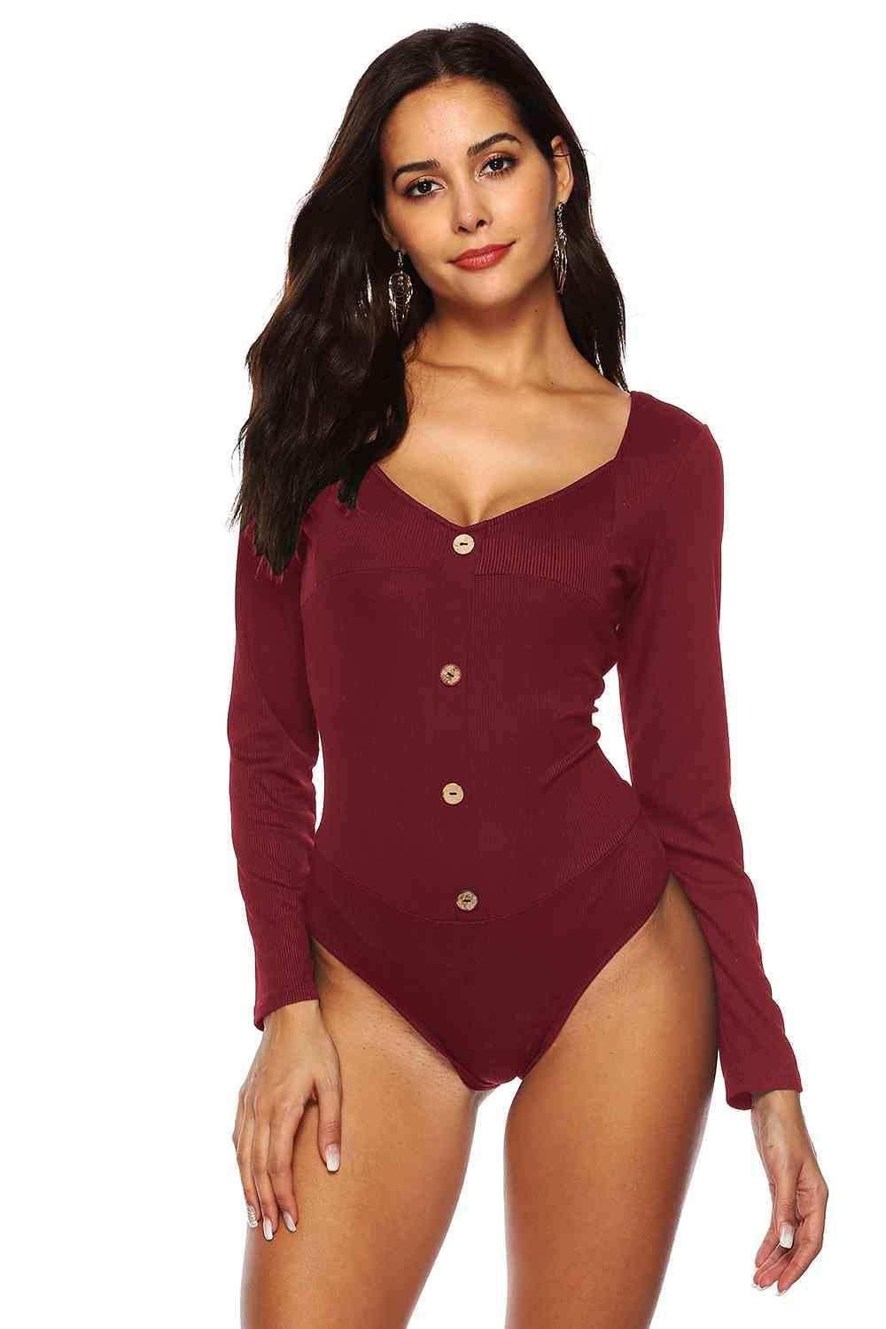 Button Detail Bodysuit - Trendsi - Flyclothing LLC
