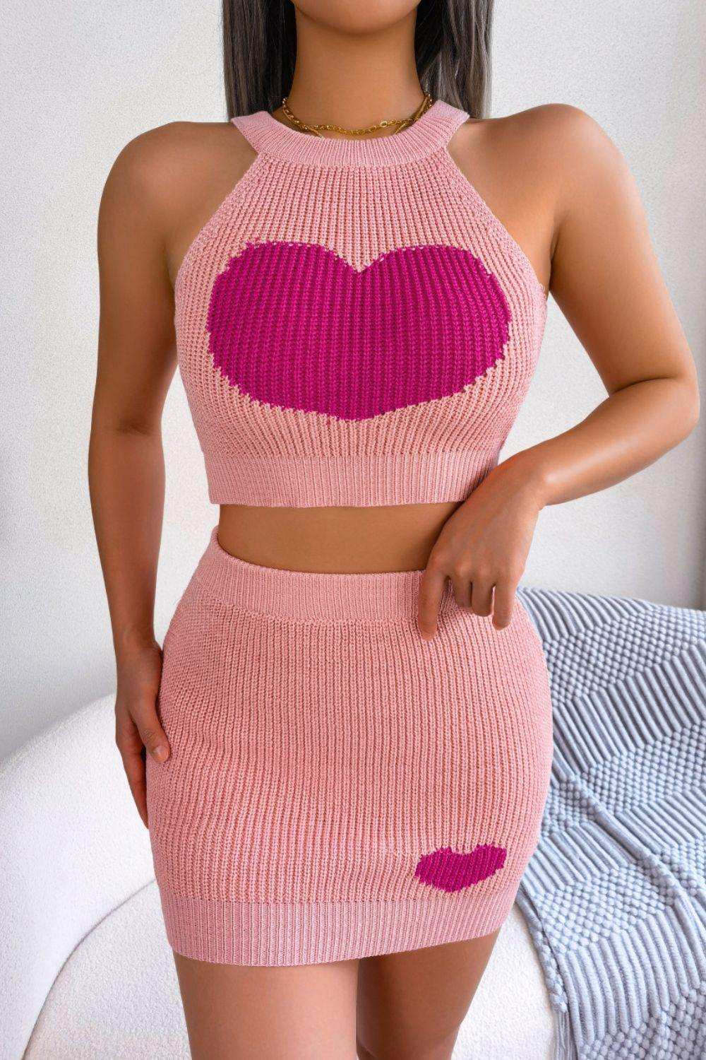 Heart Contrast Ribbed Sleeveless Knit Top and Skirt Set - Trendsi - Flyclothing LLC