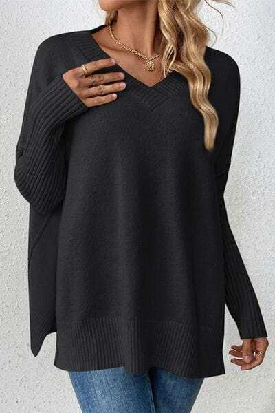 Slit V-Neck Dropped Shoulder Sweater - Trendsi - Flyclothing LLC