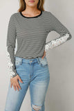 Striped Round Neck Long Sleeve Lace Trim T-Shirt - Trendsi - Flyclothing LLC