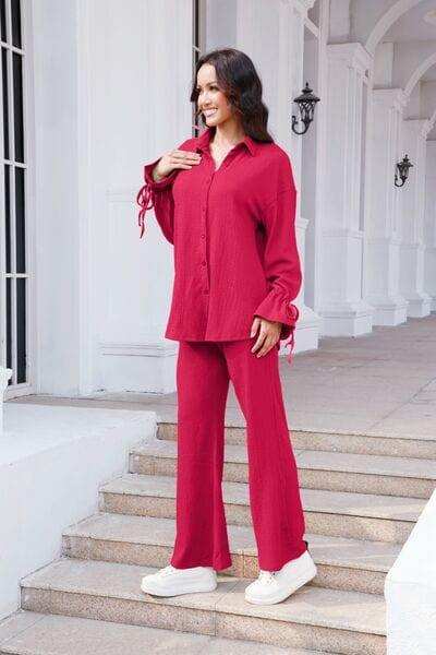 Drawstring Flounce Sleeve Shirt and Pants Set - Trendsi - Flyclothing LLC