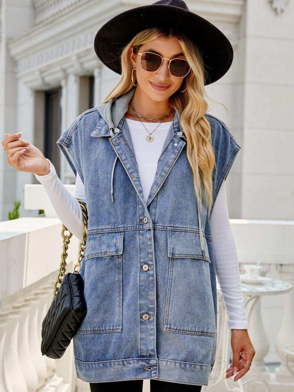 Hooded Sleeveless Denim Top with Pockets - Trendsi - Flyclothing LLC