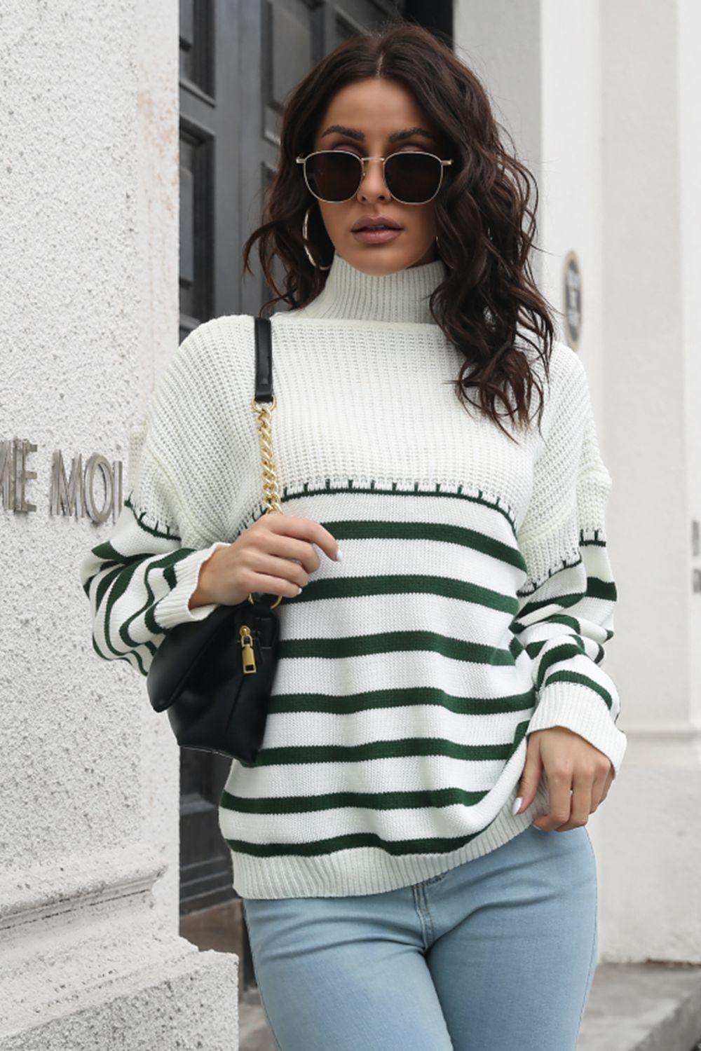 Striped Turtleneck Drop Shoulder Sweater - Trendsi - Flyclothing LLC
