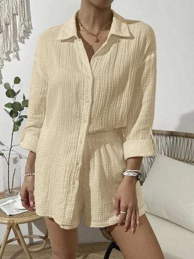 Dropped Shoulder Button Up Top and Elastic Waist Shorts Set - Trendsi - Flyclothing LLC