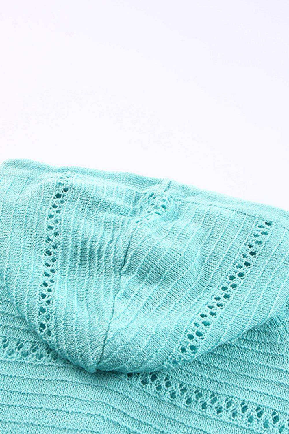 Zip-Up Raglan Sleeve Openwork Hooded Cardigan - Trendsi - Flyclothing LLC