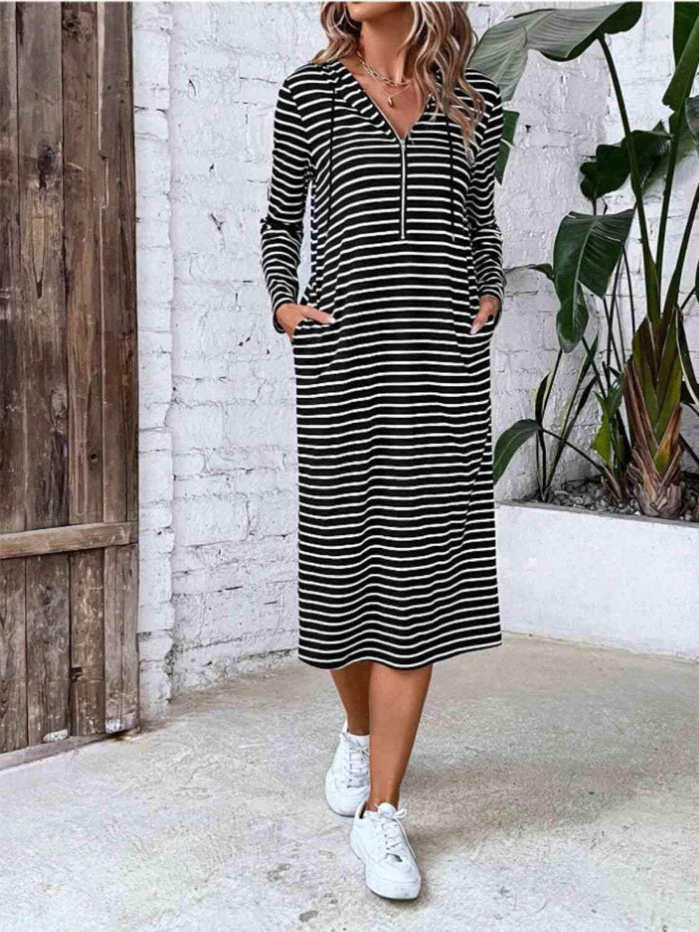 Striped Zip Front Hooded Dress - Trendsi - Flyclothing LLC