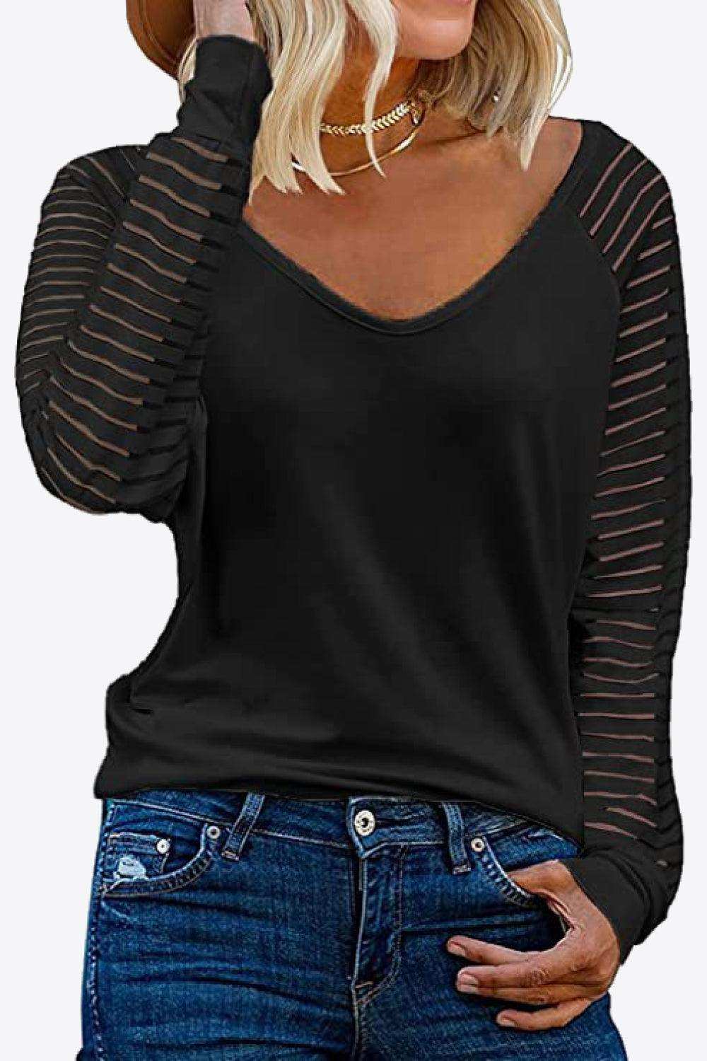 V-Neck Long Raglan Sleeve Top - Trendsi - Flyclothing LLC