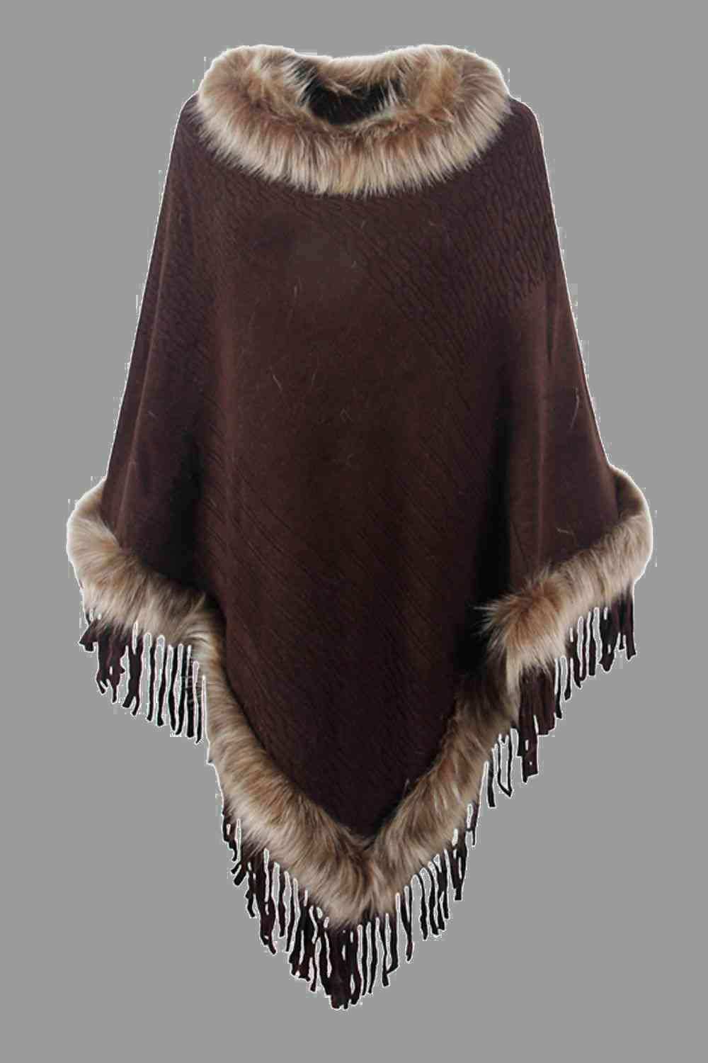 Faux Fur Trim Fringed Poncho - Trendsi - Flyclothing LLC