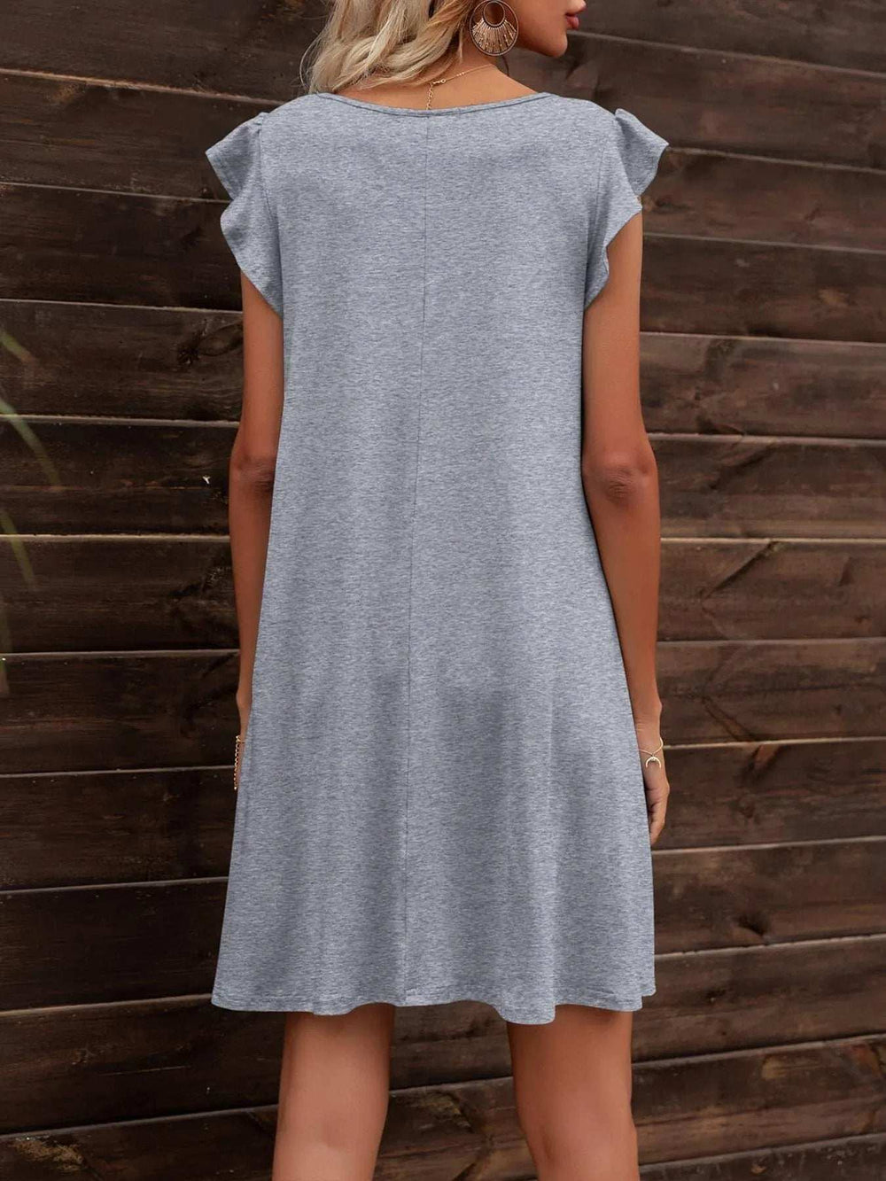 Round Neck Flutter Sleeve Dress with Pockets - Trendsi - Flyclothing LLC