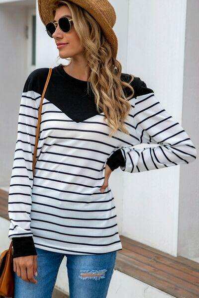 Striped Round Neck Long Sleeve T-Shirt - Trendsi - Flyclothing LLC