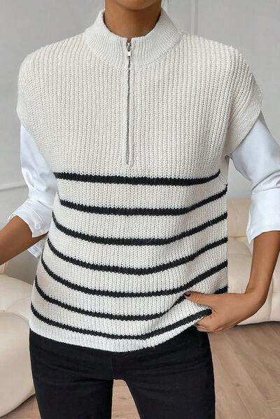 Striped Mock Neck Half Zip Sweater Vest - Trendsi - Flyclothing LLC