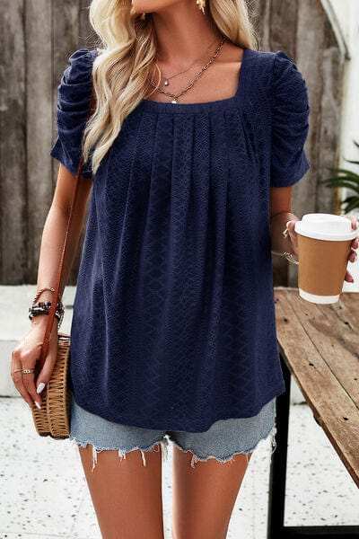 Eyelet Square Neck Puff Sleeve T-Shirt - Trendsi - Flyclothing LLC