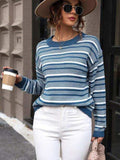 Striped Round Neck Long Sleeve Sweater - Trendsi - Flyclothing LLC