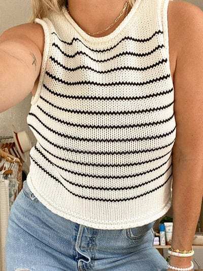 Rolled Striped Round Neck Sweater Vest - Trendsi - Flyclothing LLC