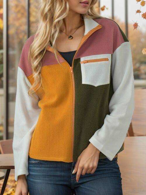 Color Block Zip-Up Long Sleeve Jacket - Trendsi - Flyclothing LLC