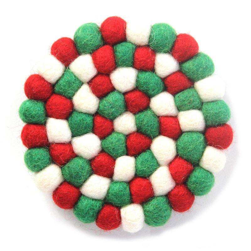 Hand Crafted Felt Ball Coasters from Nepal: 4-pack, White Christmas Multicolor - Global Groove (T) - Global Groove - Flyclothing LLC
