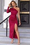 One Shoulder Ruched Slit Maxi Dress - Trendsi - Flyclothing LLC
