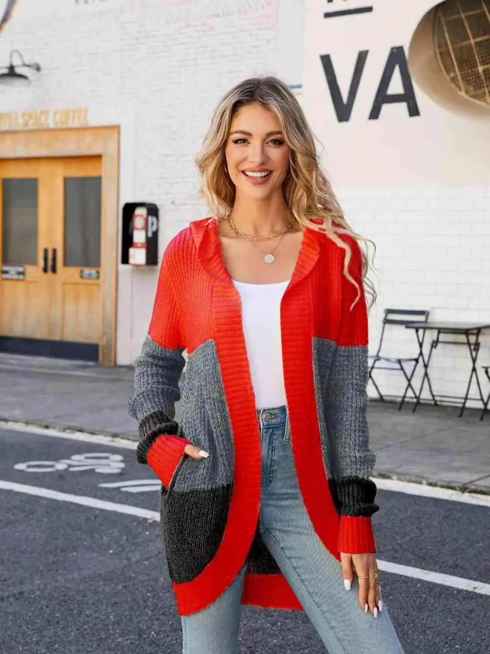 Color Block Open Front Hooded Cardigan - Trendsi - Flyclothing LLC