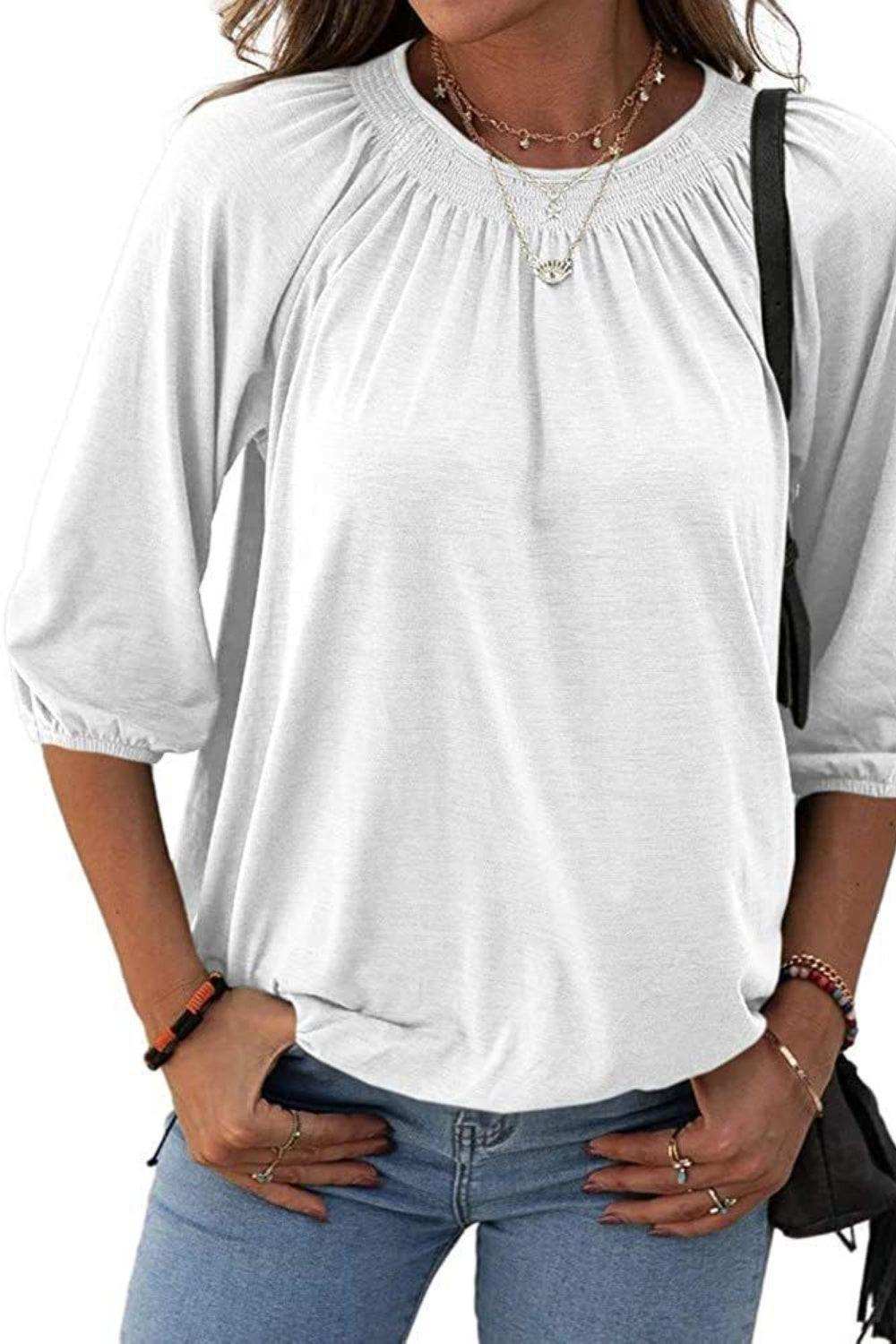 Gathered Detail Round Neck T-Shirt - Trendsi - Flyclothing LLC