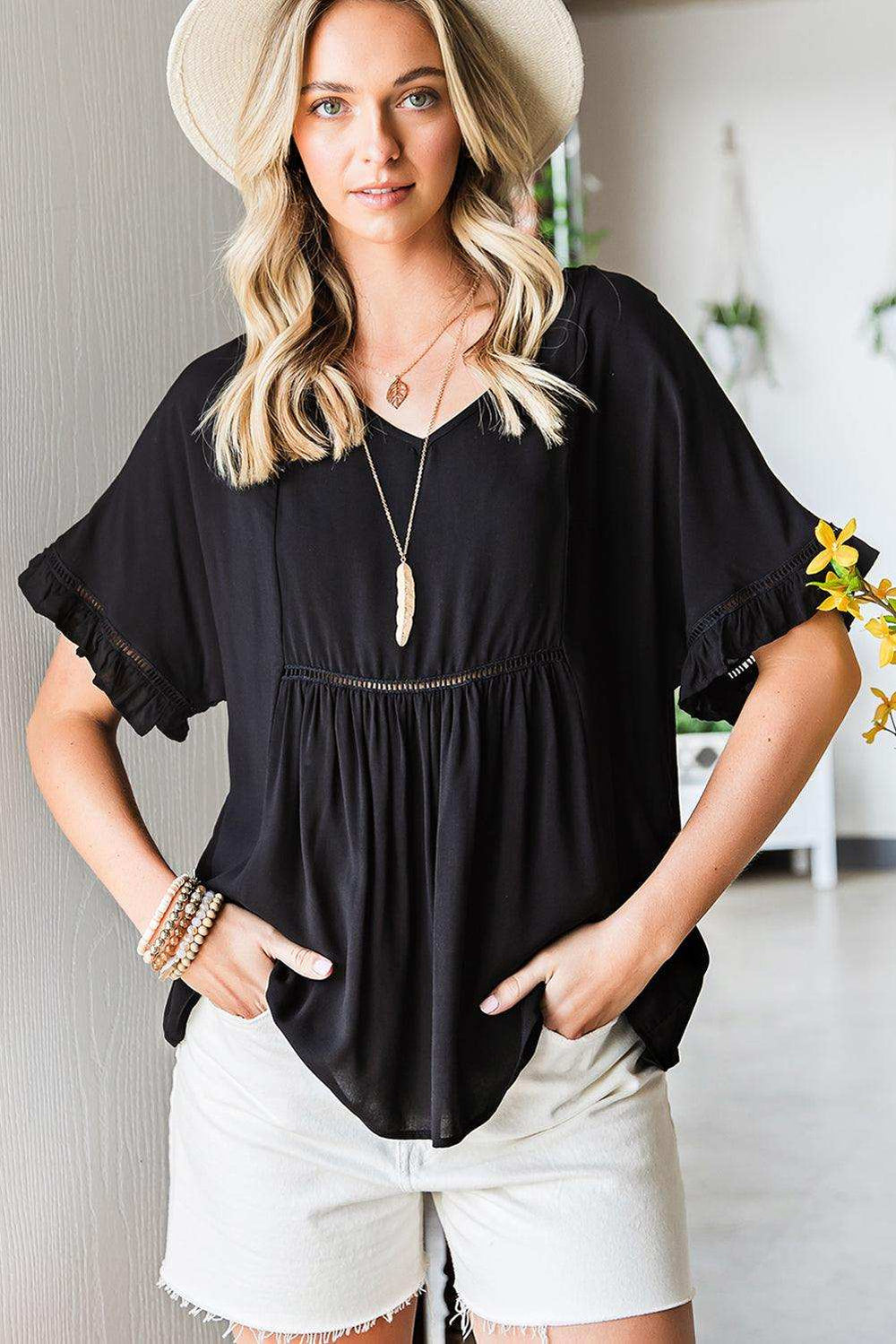 V-Neck Flounce Sleeve Babydoll Blouse - Trendsi - Flyclothing LLC