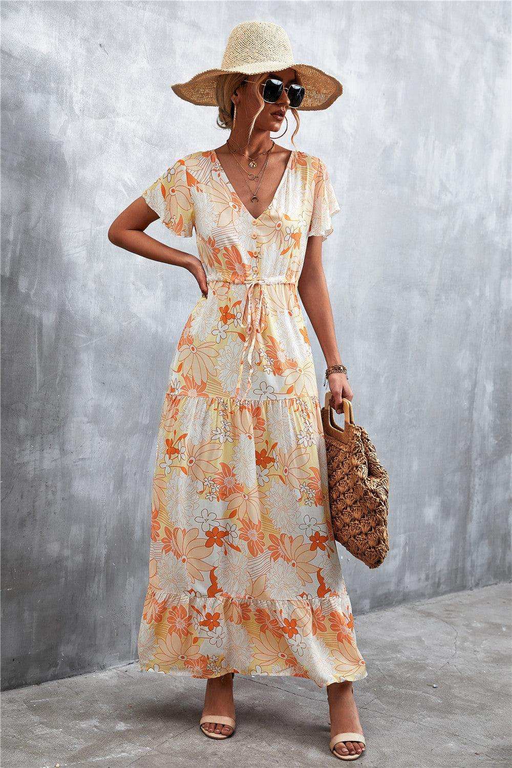 Floral Buttoned Drawstring Waist Tiered Dress - Trendsi - Flyclothing LLC