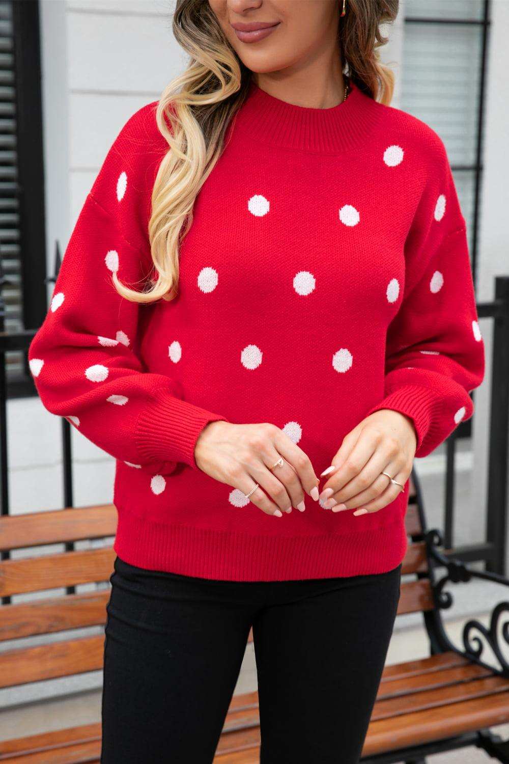 Polka Dot Round Neck Dropped Shoulder Sweater - Trendsi - Flyclothing LLC