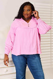 Double Take Exposed Seam Buttoned Notched Neck Blouse - Trendsi - Flyclothing LLC