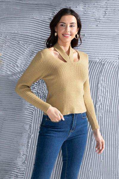 Halter Neck Long Sleeve Sweater - Trendsi - Flyclothing LLC