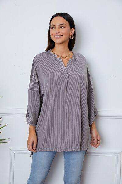 Notched Roll-Tab Sleeve Blouse - Trendsi - Flyclothing LLC