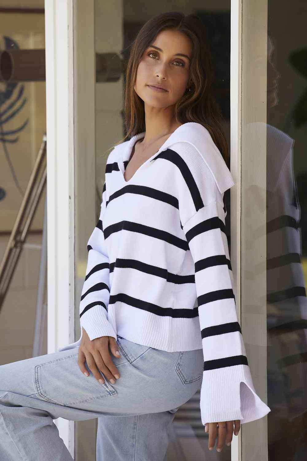 Striped Collared Neck Slit Sweater - Trendsi - Flyclothing LLC