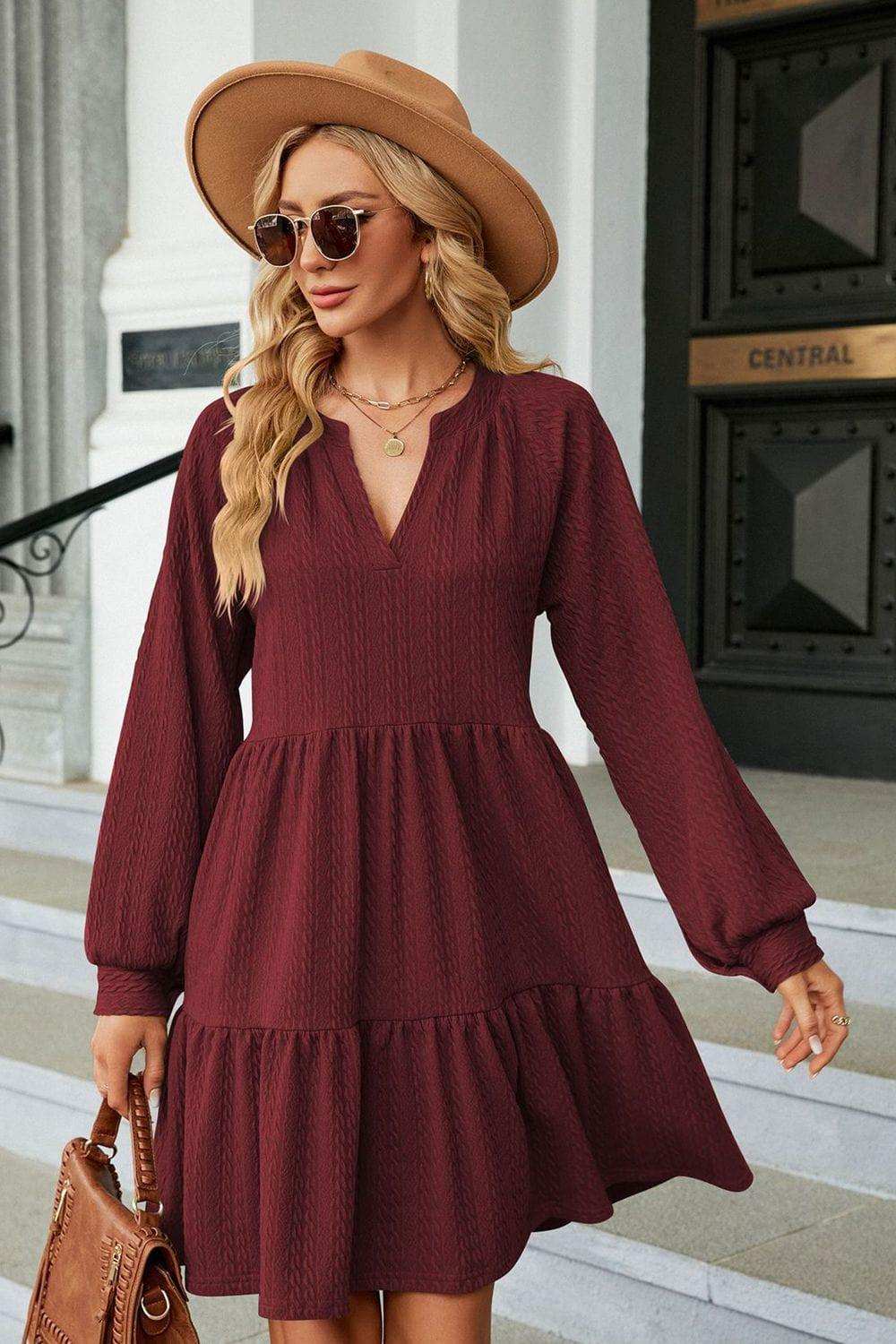 Notched Neck Long Sleeve Mini Dress - Trendsi - Flyclothing LLC