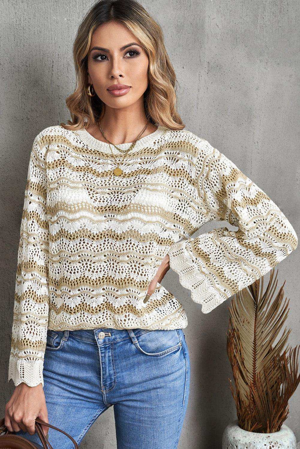 Wavy Stripe Scalloped Hem Openwork Knit Top - Trendsi - Flyclothing LLC