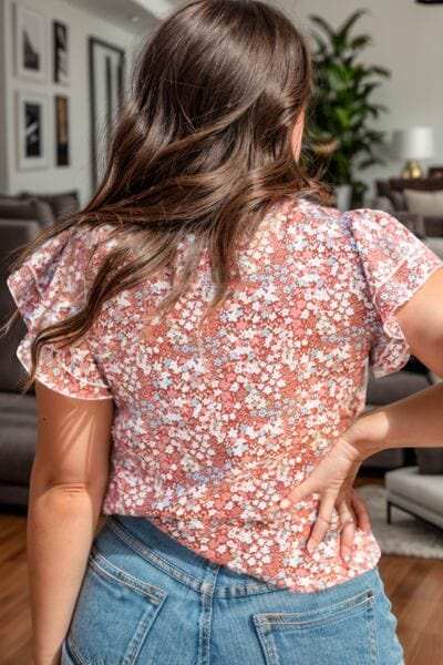 Plus Size Ruffled Floral Mock Neck Cap Sleeve Blouse - Trendsi - Flyclothing LLC