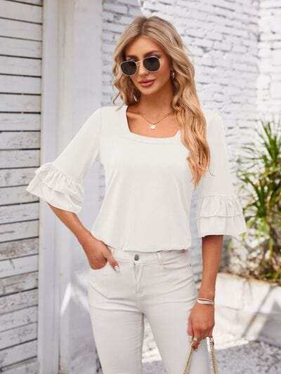 Ruffled Suqare Neck Half Sleeve Blouse - Trendsi - Flyclothing LLC