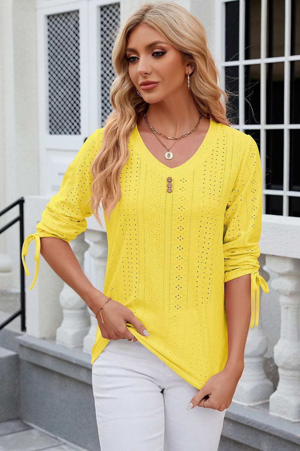 Eyelet Drawstring V-Neck Half Sleeve T-Shirt - Trendsi - Flyclothing LLC