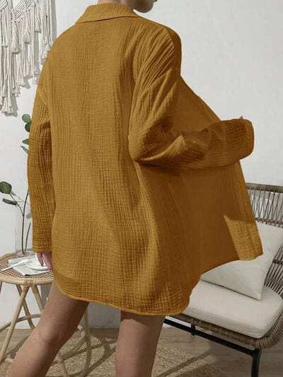 Dropped Shoulder Button Up Top and Elastic Waist Shorts Set - Trendsi - Flyclothing LLC