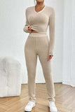 Ribbed V-Neck Long Sleeve Cropped Top and Pants Set - Trendsi - Flyclothing LLC