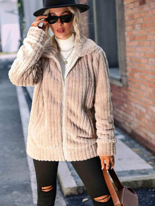 Zip-Up Collared Ribbed Jacket - Trendsi - Flyclothing LLC