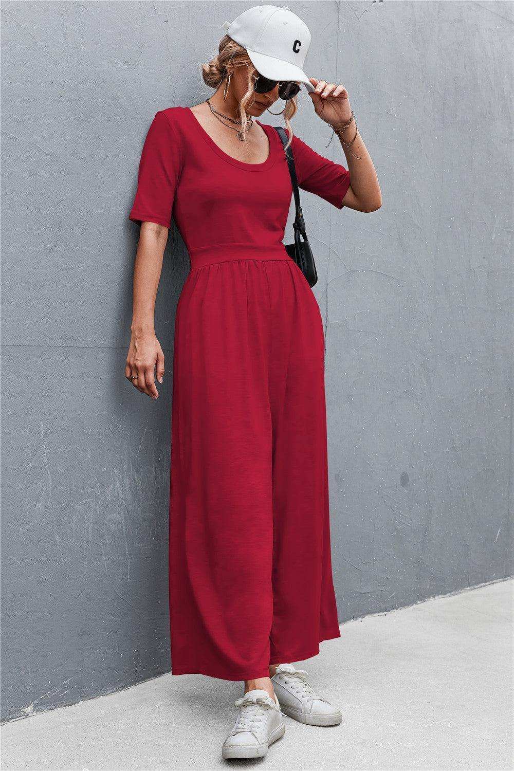 Scoop Neck Half Sleeve Wide Leg Jumpsuit - Trendsi - Flyclothing LLC
