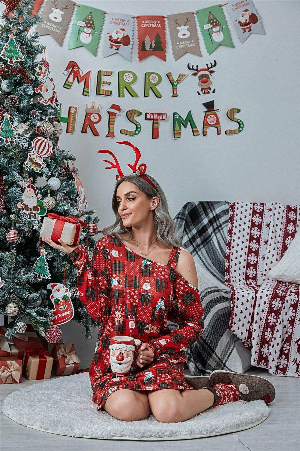 Christmas Asymmetrical Neck Long Sleeve Dress - Trendsi - Flyclothing LLC